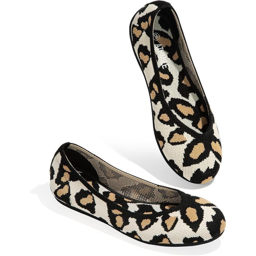 Women Knit Ballet Leopard Flats Round Toe Comfortable Dressy Casual Work Shoes